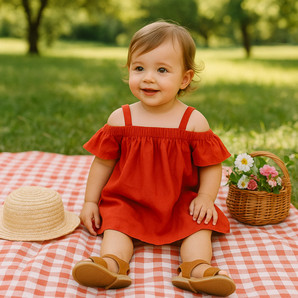 Banana Republic Baby Linen Blend Twill Off Shoulder Dress Rust Red | Size 12-18M - Picture 1 of 12